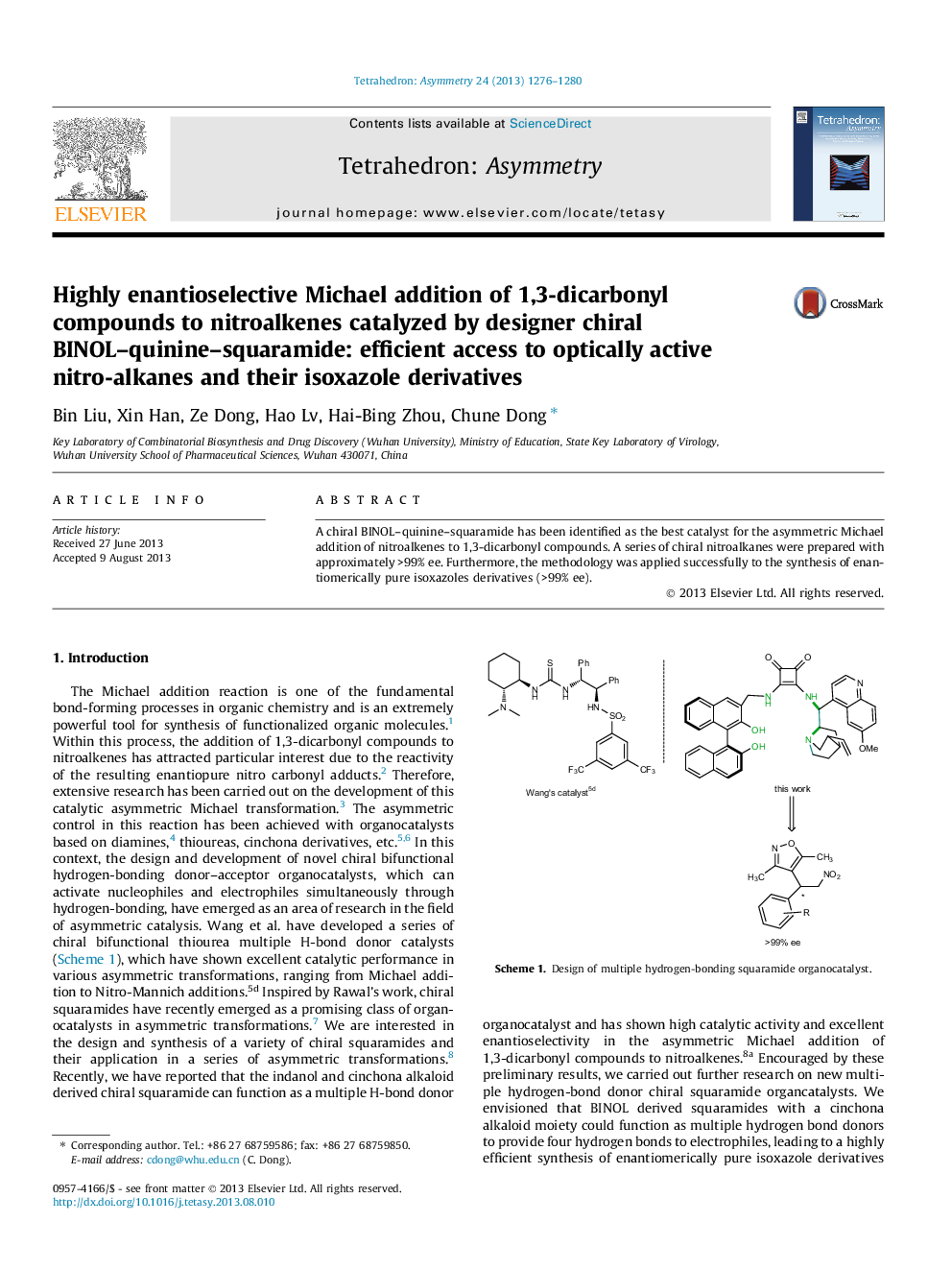 عکس صفحه اول مقاله: Highly enantioselective Michael addition of 1,3-dicarbonyl compounds to nitroalkenes catalyzed by designer chiral BINOL–quinine–squaramide: efficient access to optically active nitro-alkanes and their isoxazole derivatives Highly enantioselective Michael addition of 1,3-dicarbonyl compounds to nitroalkenes catalyzed by designer chiral BINOL–quinine–squaramide: efficient access to optically active nitro-alkanes and their isoxazole derivatives