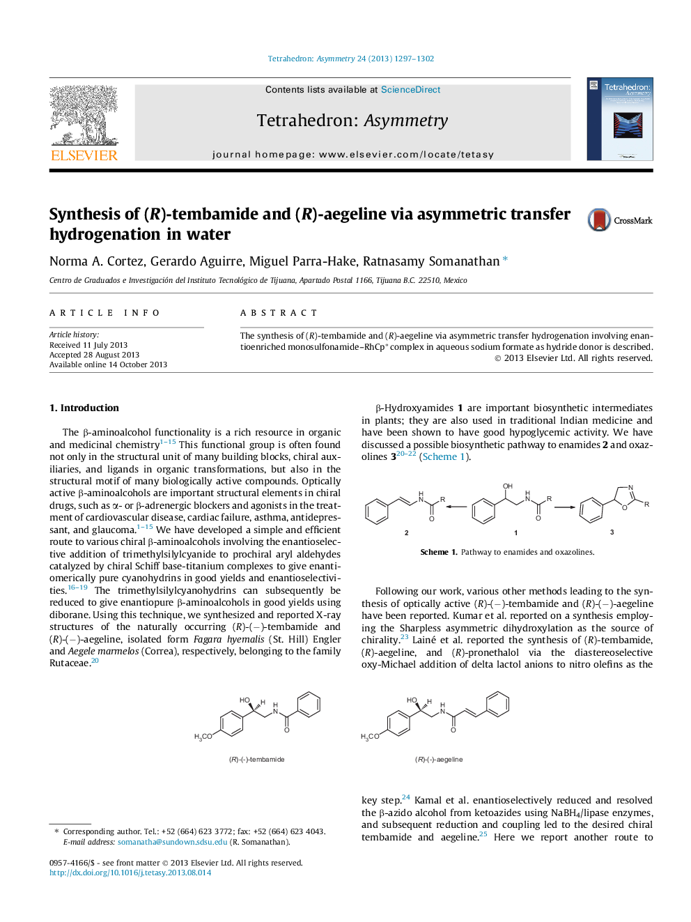 Synthesis of (R)-tembamide and (R)-aegeline via asymmetric transfer hydrogenation in water