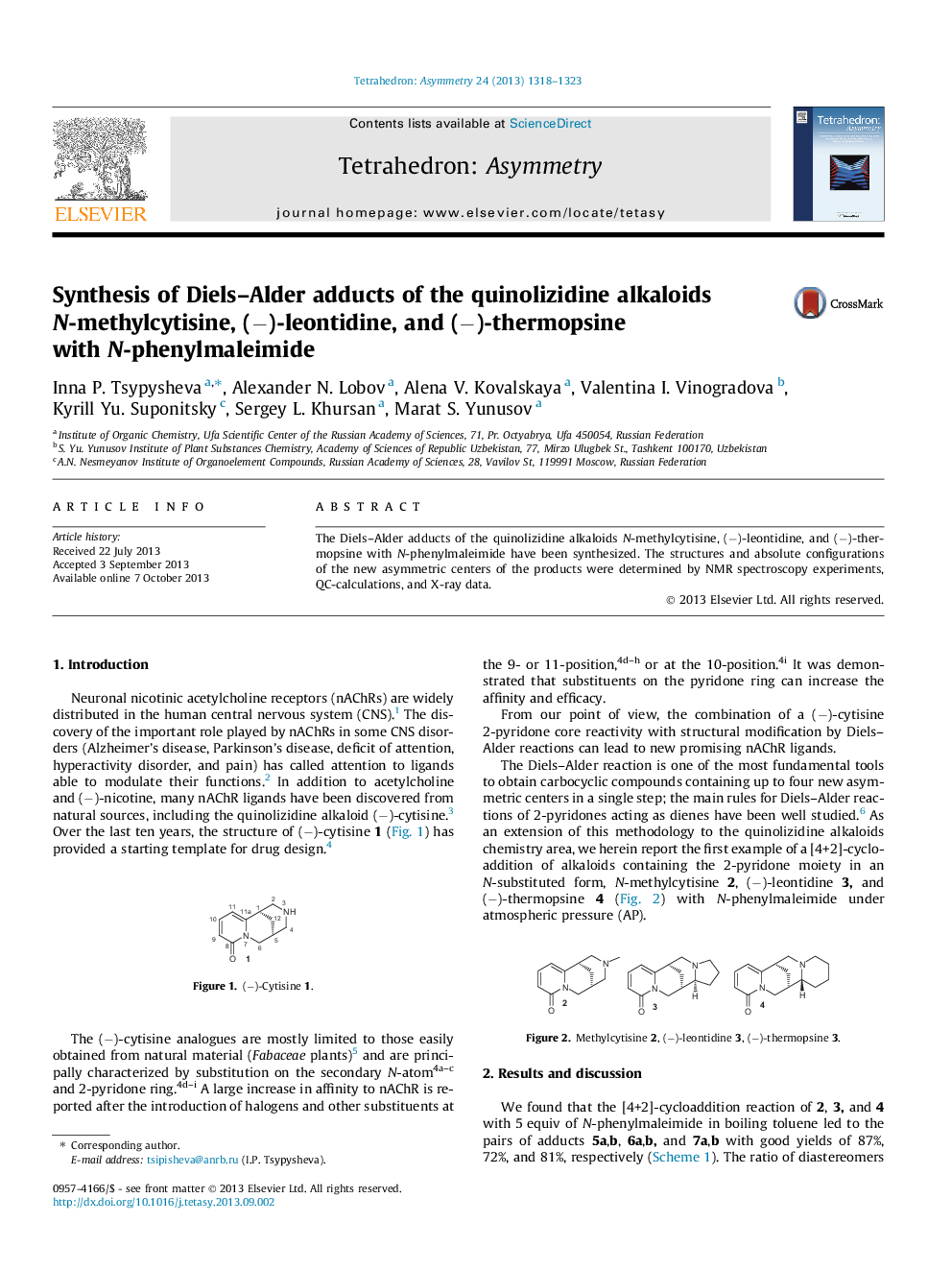 عکس صفحه اول مقاله: Synthesis of Diels–Alder adducts of the quinolizidine alkaloids N-methylcytisine, (−)-leontidine, and (−)-thermopsine with N-phenylmaleimide Synthesis of Diels–Alder adducts of the quinolizidine alkaloids N-methylcytisine, (−)-leontidine, and (−)-thermopsine with N-phenylmaleimide