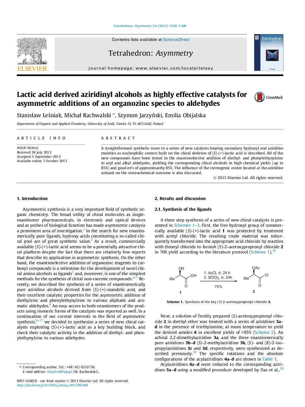 عکس صفحه اول مقاله: Lactic acid derived aziridinyl alcohols as highly effective catalysts for asymmetric additions of an organozinc species to aldehydes Lactic acid derived aziridinyl alcohols as highly effective catalysts for asymmetric additions of an organozinc species to aldehydes
