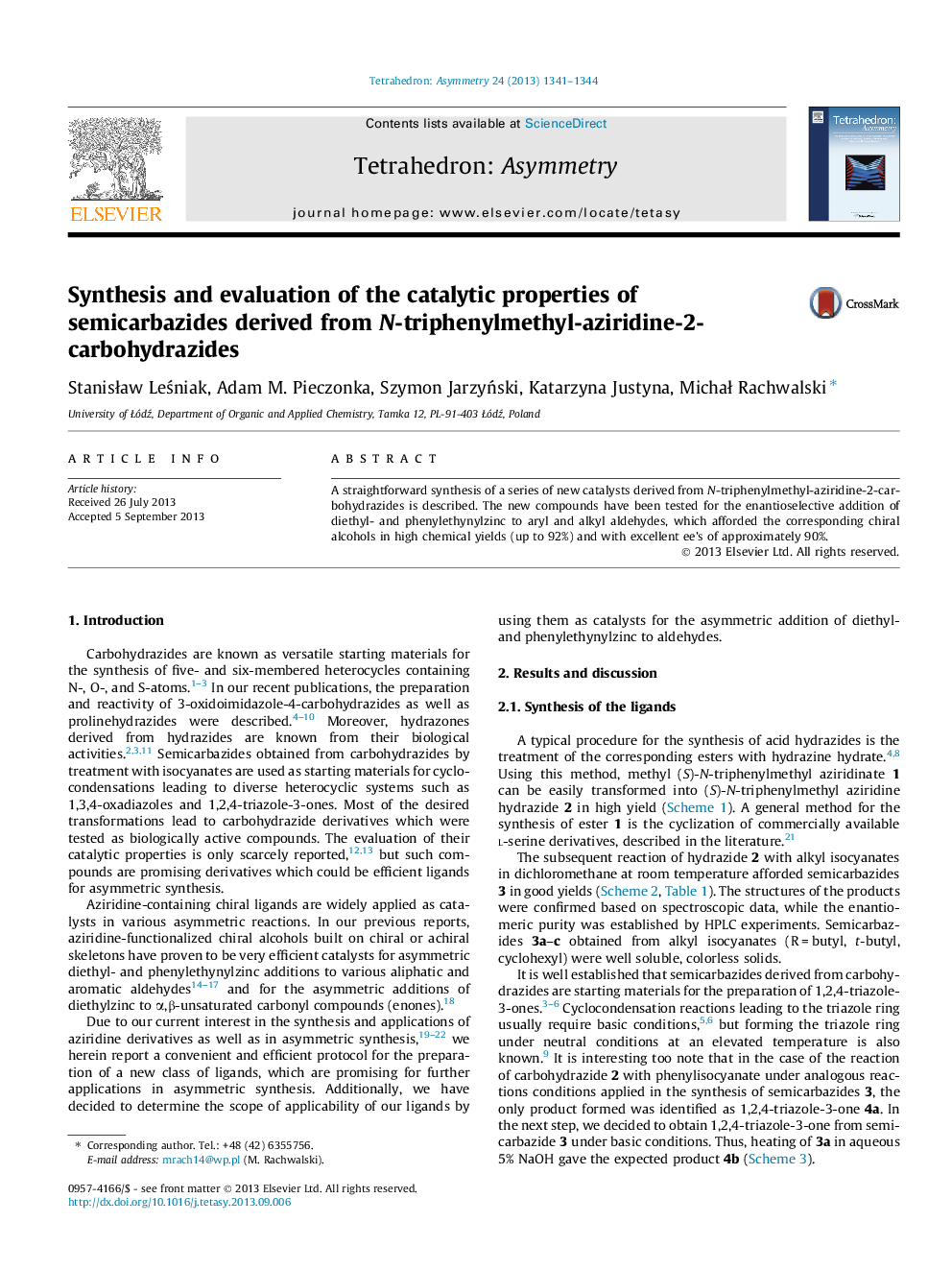 Synthesis and evaluation of the catalytic properties of semicarbazides derived from N-triphenylmethyl-aziridine-2-carbohydrazides