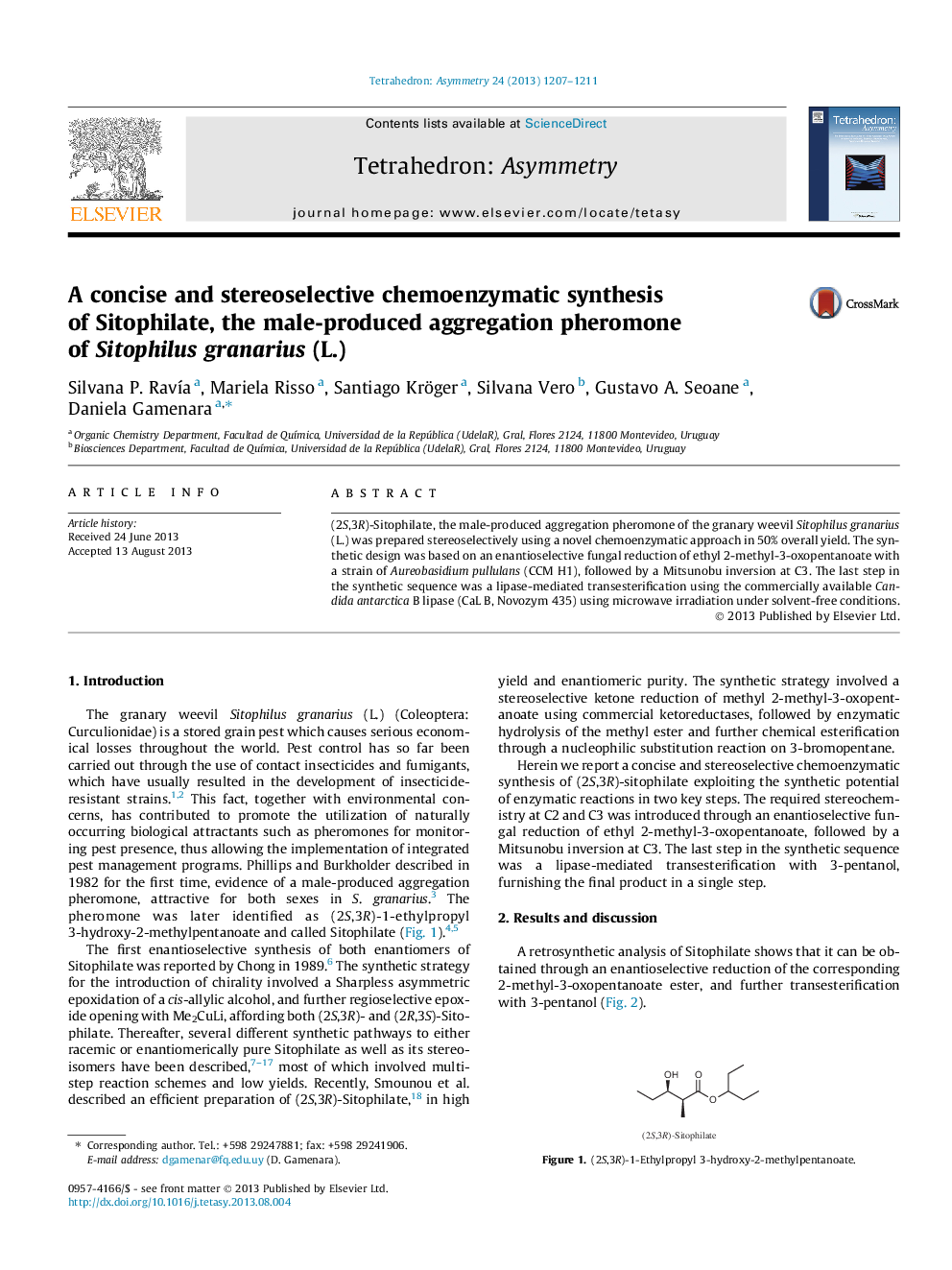 A concise and stereoselective chemoenzymatic synthesis of Sitophilate, the male-produced aggregation pheromone of Sitophilus granarius (L.)