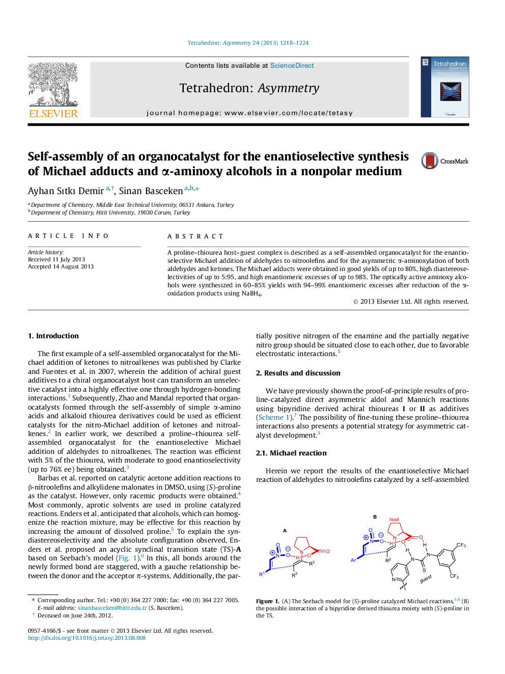 Self-assembly of an organocatalyst for the enantioselective synthesis of Michael adducts and α-aminoxy alcohols in a nonpolar medium