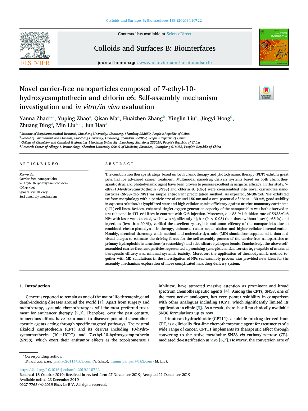 Novel carrier-free nanoparticles composed of 7-ethyl-10-hydroxycamptothecin and chlorin e6: Self-assembly mechanism investigation and in vitro/in vivo evaluation