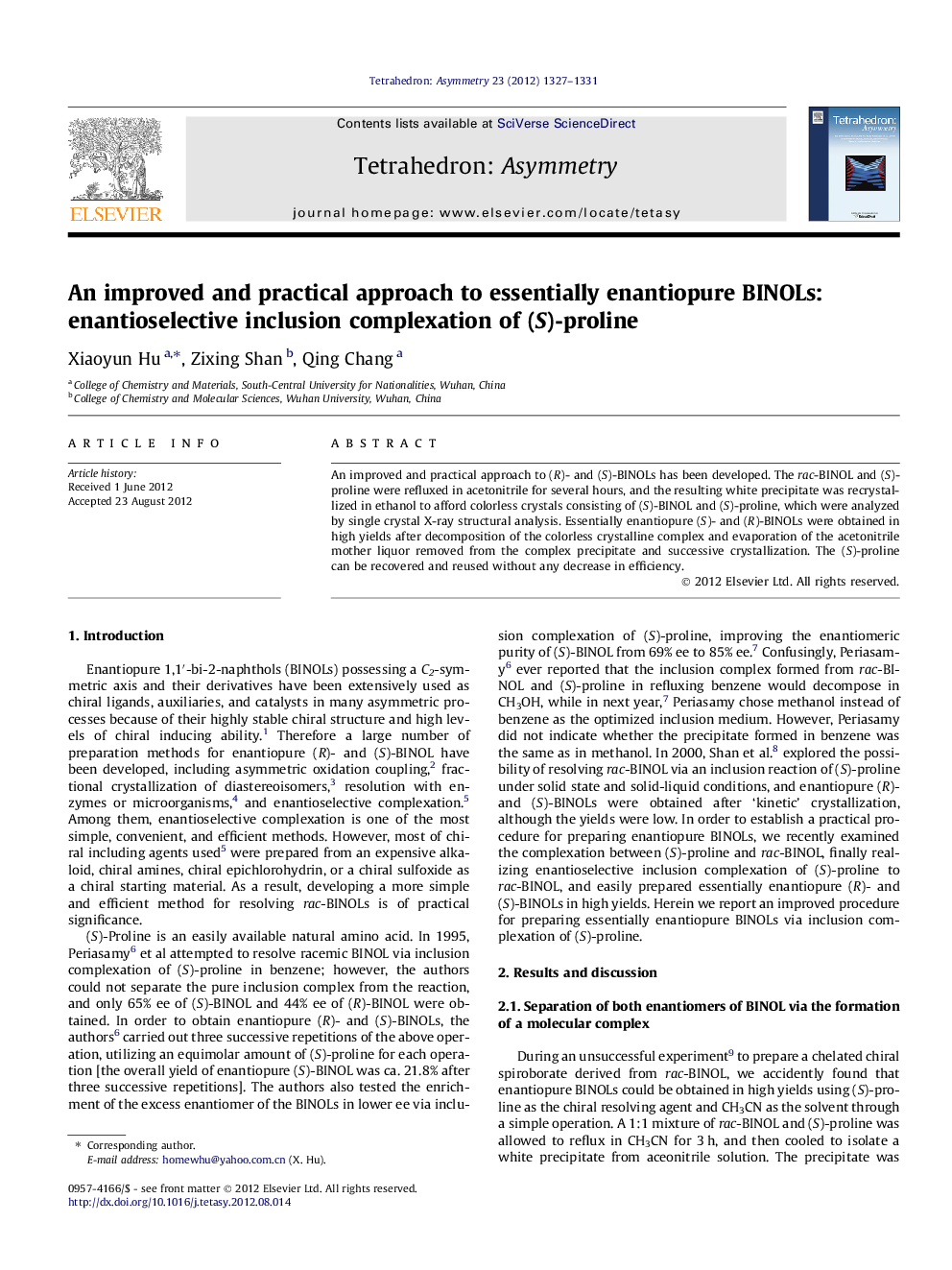 An improved and practical approach to essentially enantiopure BINOLs: enantioselective inclusion complexation of (S)-proline