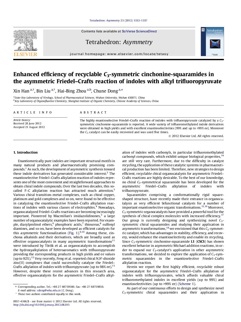 Enhanced efficiency of recyclable C3-symmetric cinchonine-squaramides in the asymmetric Friedel–Crafts reaction of indoles with alkyl trifluoropyruvate