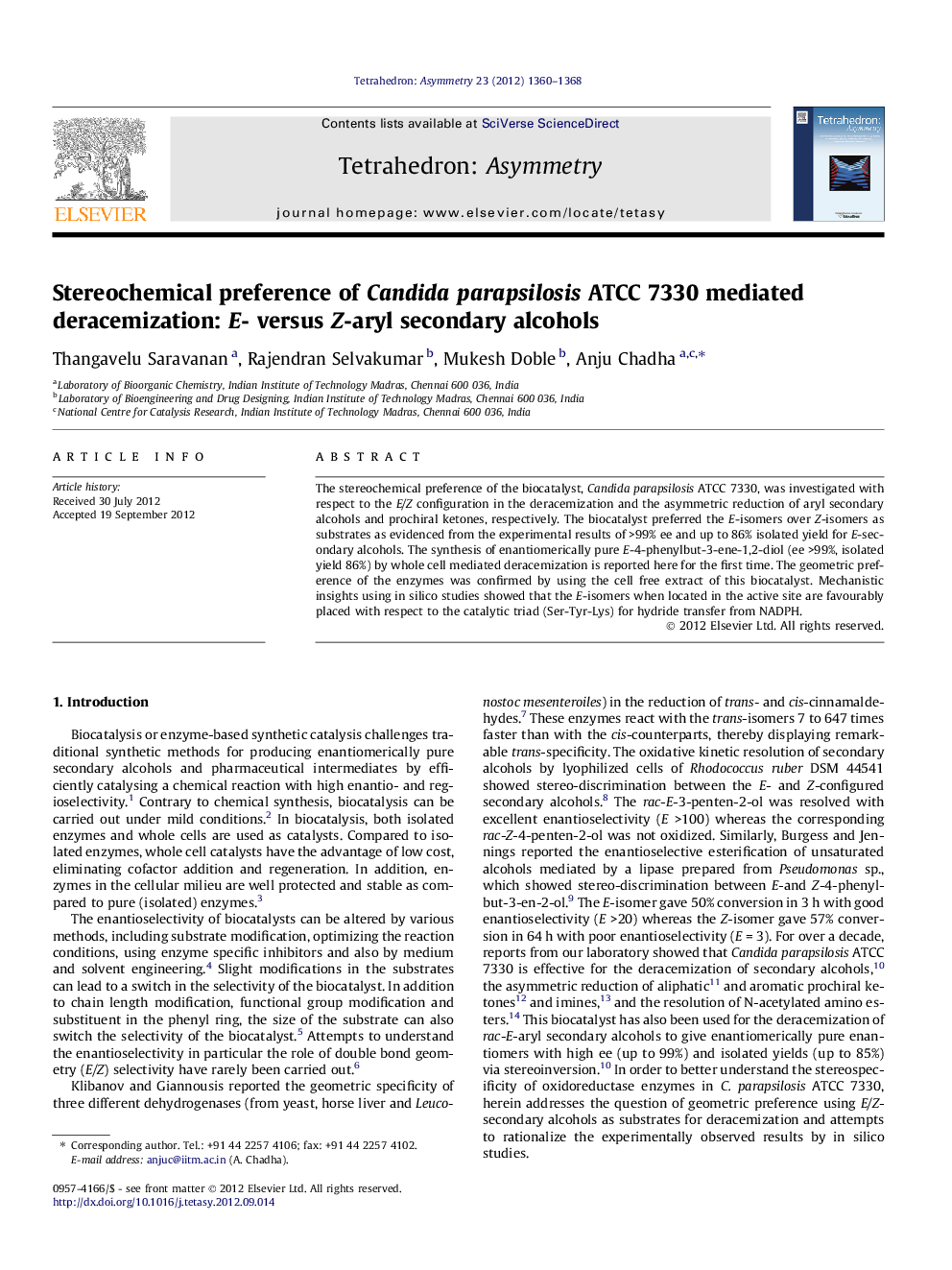 Stereochemical preference of Candida parapsilosis ATCC 7330 mediated deracemization: E- versus Z-aryl secondary alcohols