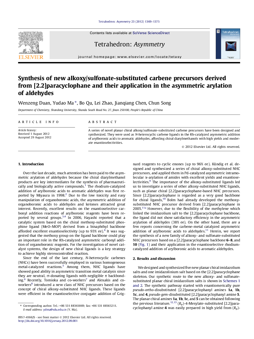 Synthesis of new alkoxy/sulfonate-substituted carbene precursors derived from [2.2]paracyclophane and their application in the asymmetric arylation of aldehydes