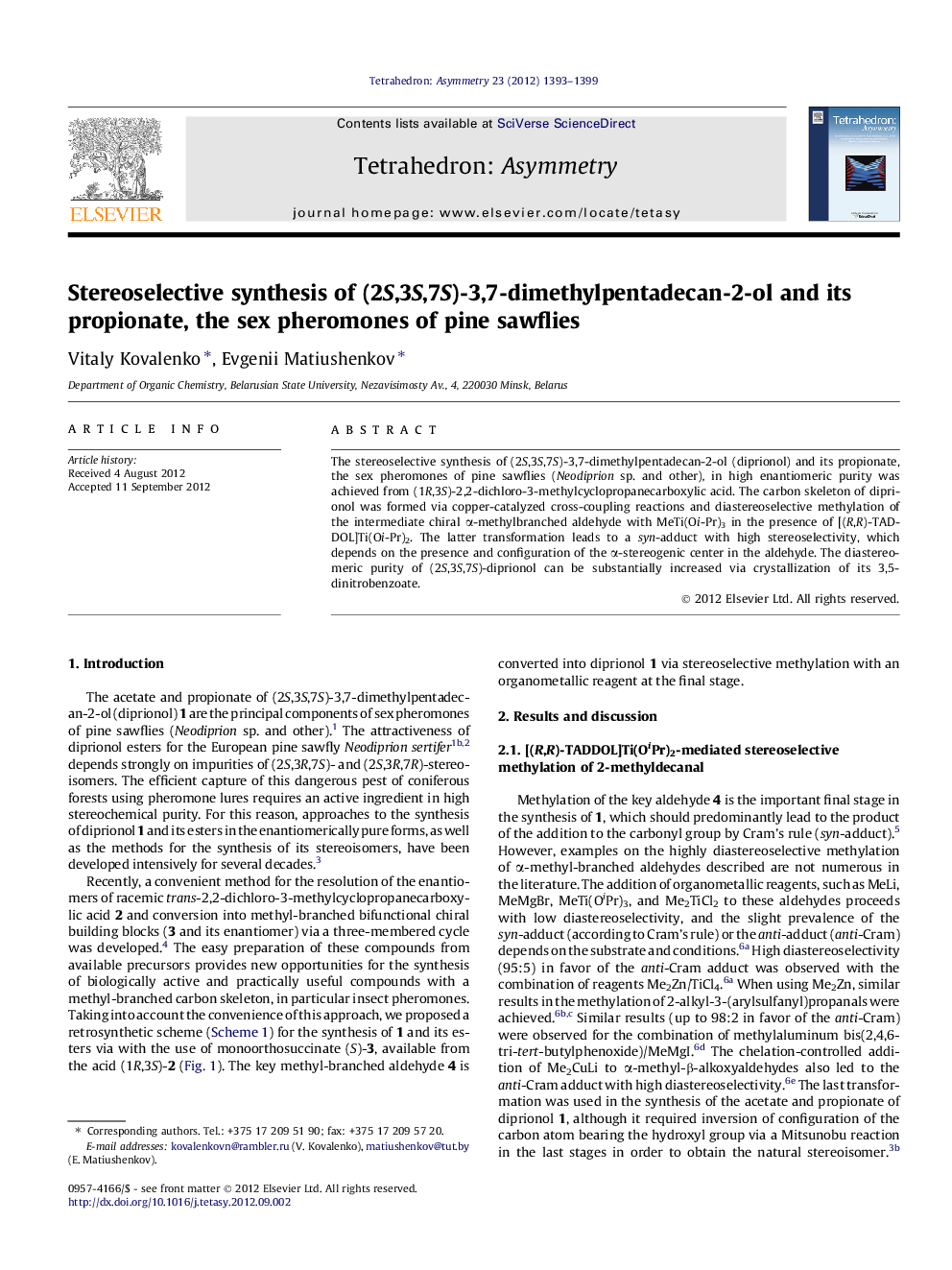 Stereoselective synthesis of (2S,3S,7S)-3,7-dimethylpentadecan-2-ol and its propionate, the sex pheromones of pine sawflies