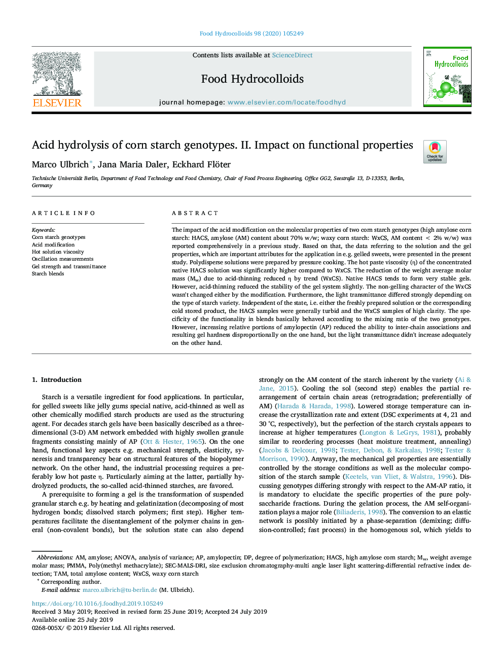 Acid hydrolysis of corn starch genotypes. II. Impact on functional properties