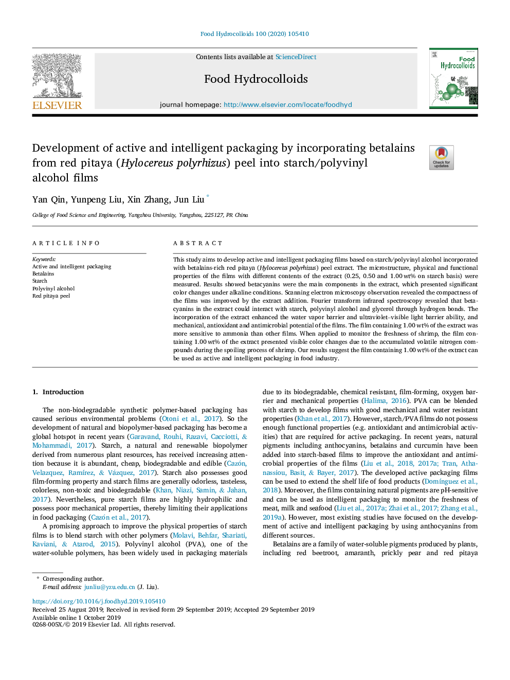 Development of active and intelligent packaging by incorporating betalains from red pitaya (Hylocereus polyrhizus) peel into starch/polyvinyl alcohol films