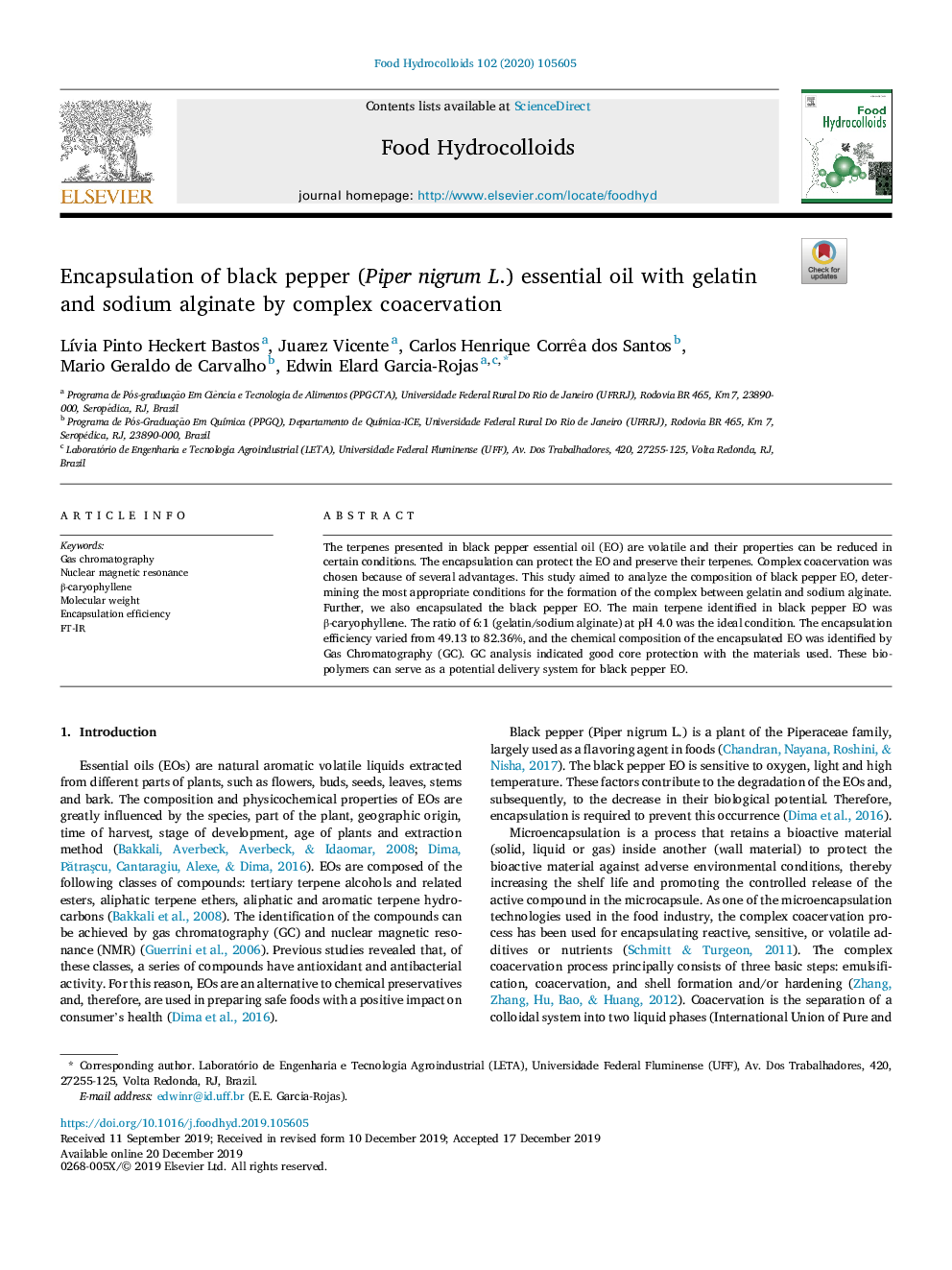 Encapsulation of black pepper (Piper nigrum L.) essential oil with gelatin and sodium alginate by complex coacervation