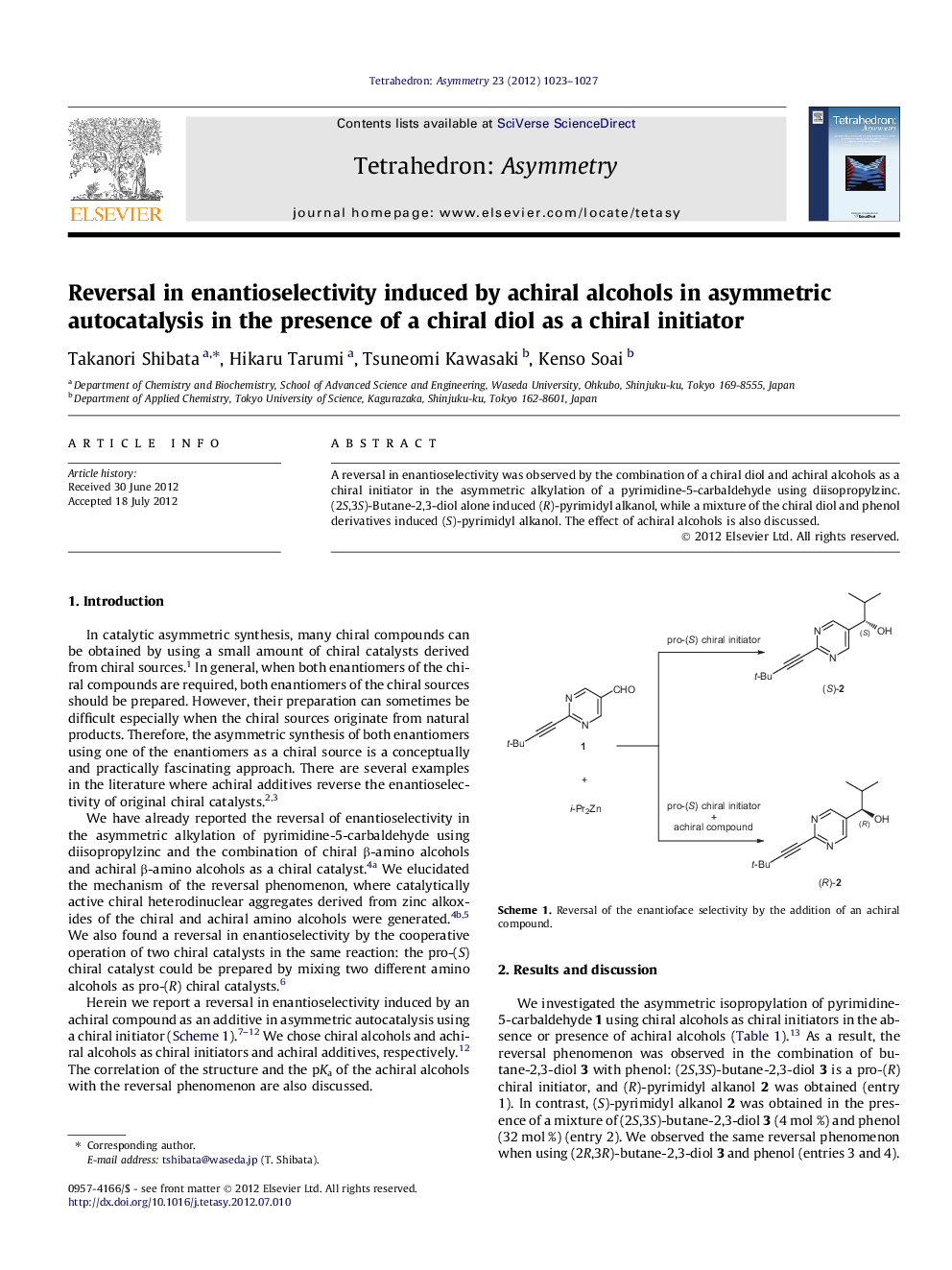 Reversal in enantioselectivity induced by achiral alcohols in asymmetric autocatalysis in the presence of a chiral diol as a chiral initiator