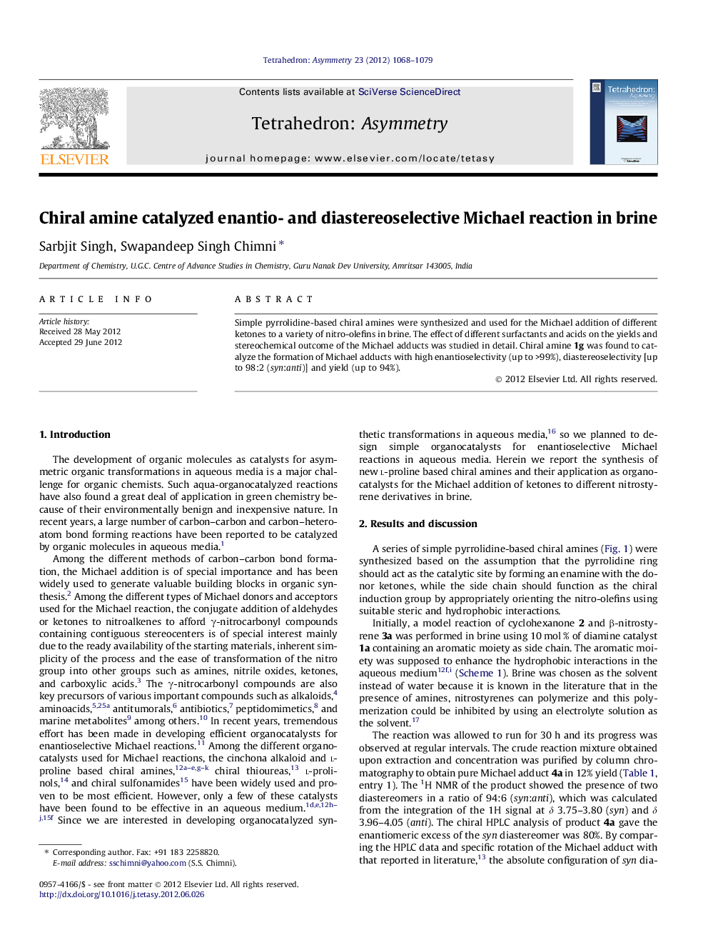 Chiral amine catalyzed enantio- and diastereoselective Michael reaction in brine