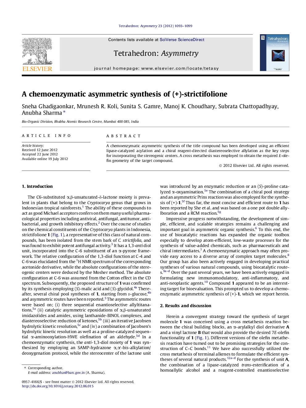 A chemoenzymatic asymmetric synthesis of (+)-strictifolione