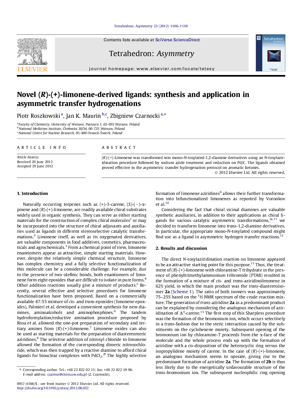 Novel (R)-(+)-limonene-derived ligands: synthesis and application in asymmetric transfer hydrogenations