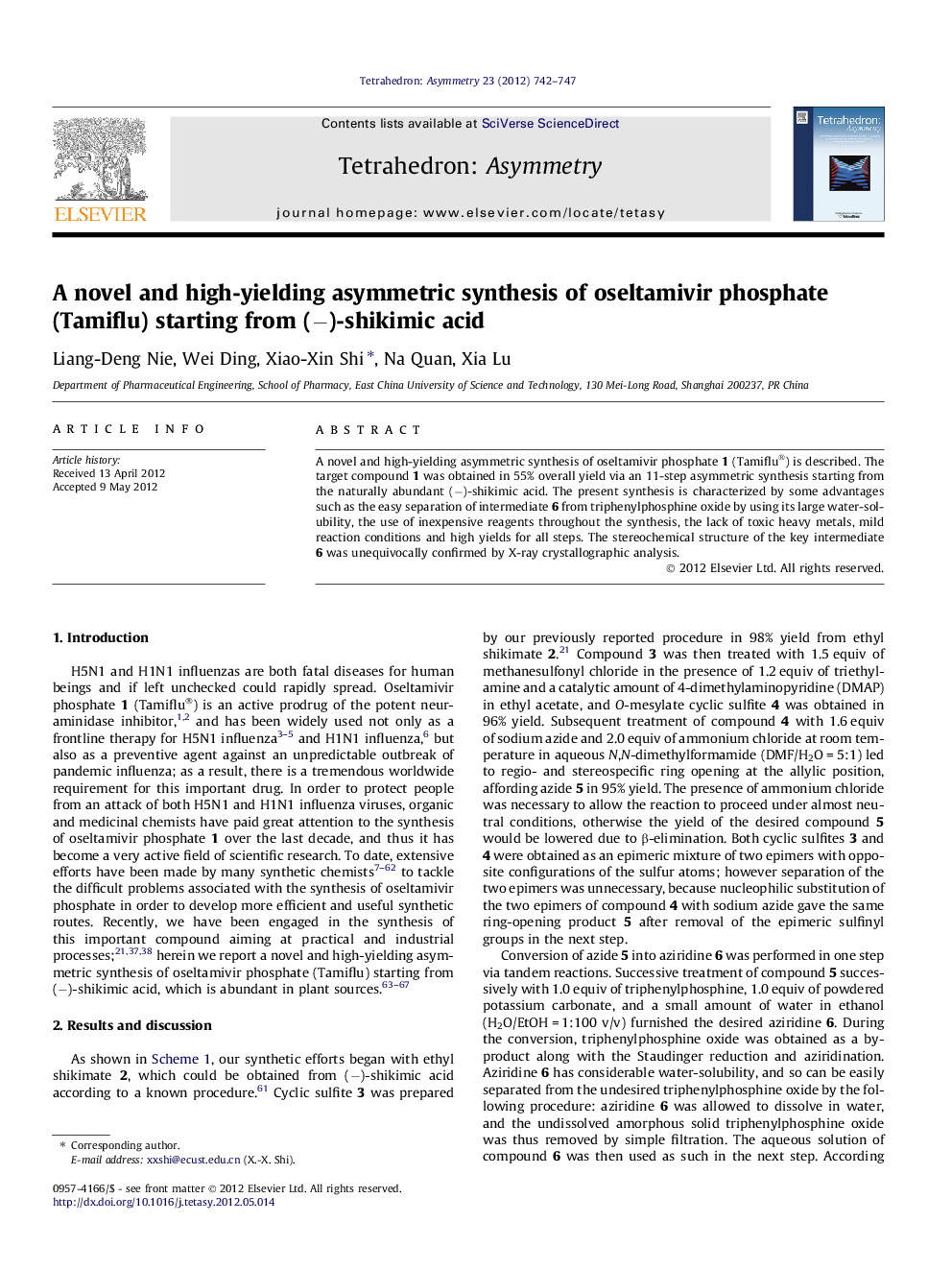A novel and high-yielding asymmetric synthesis of oseltamivir phosphate (Tamiflu) starting from (−)-shikimic acid