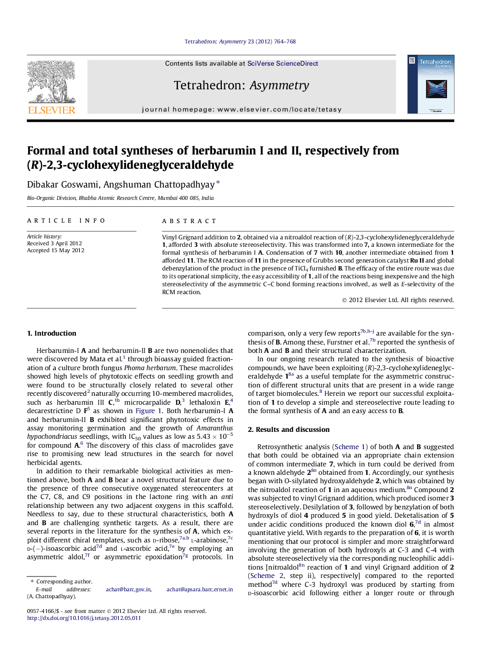 Formal and total syntheses of herbarumin I and II, respectively from (R)-2,3-cyclohexylideneglyceraldehyde