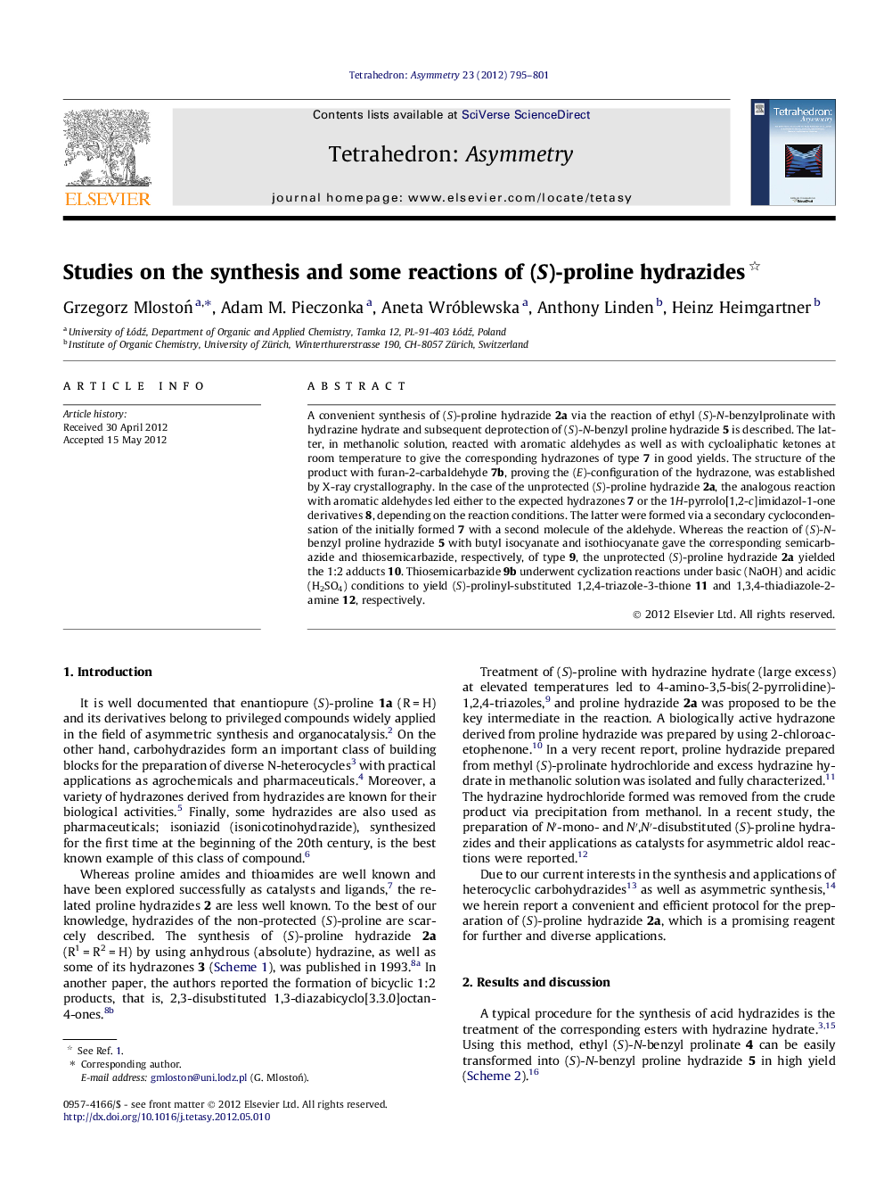 Studies on the synthesis and some reactions of (S)-proline hydrazides 