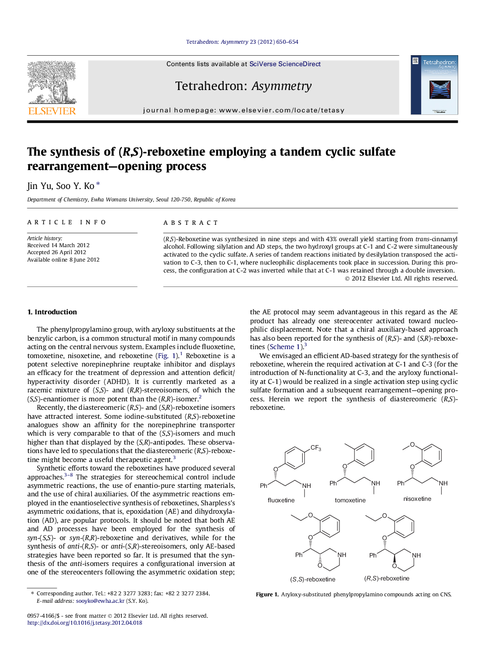 The synthesis of (R,S)-reboxetine employing a tandem cyclic sulfate rearrangement—opening process