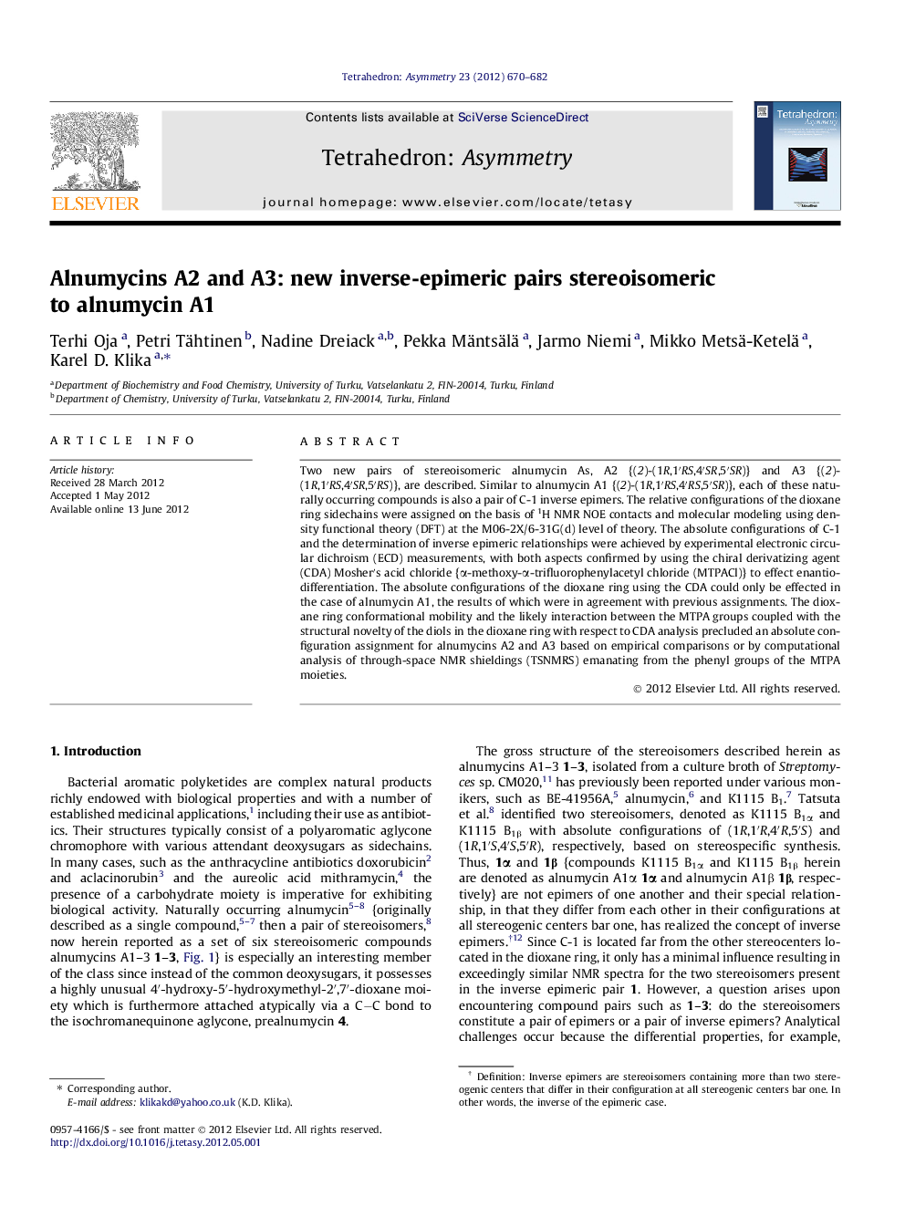 Alnumycins A2 and A3: new inverse-epimeric pairs stereoisomeric to alnumycin A1