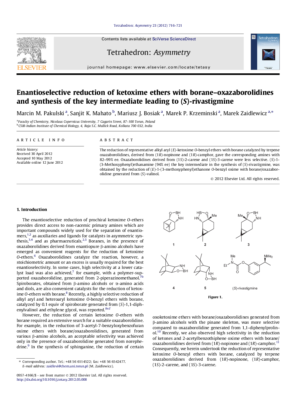 Enantioselective reduction of ketoxime ethers with borane–oxazaborolidines and synthesis of the key intermediate leading to (S)-rivastigmine