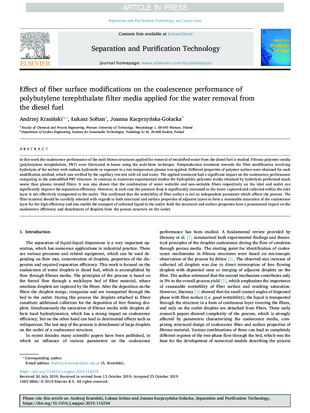 Effect of fiber surface modifications on the coalescence performance of polybutylene terephthalate filter media applied for the water removal from the diesel fuel