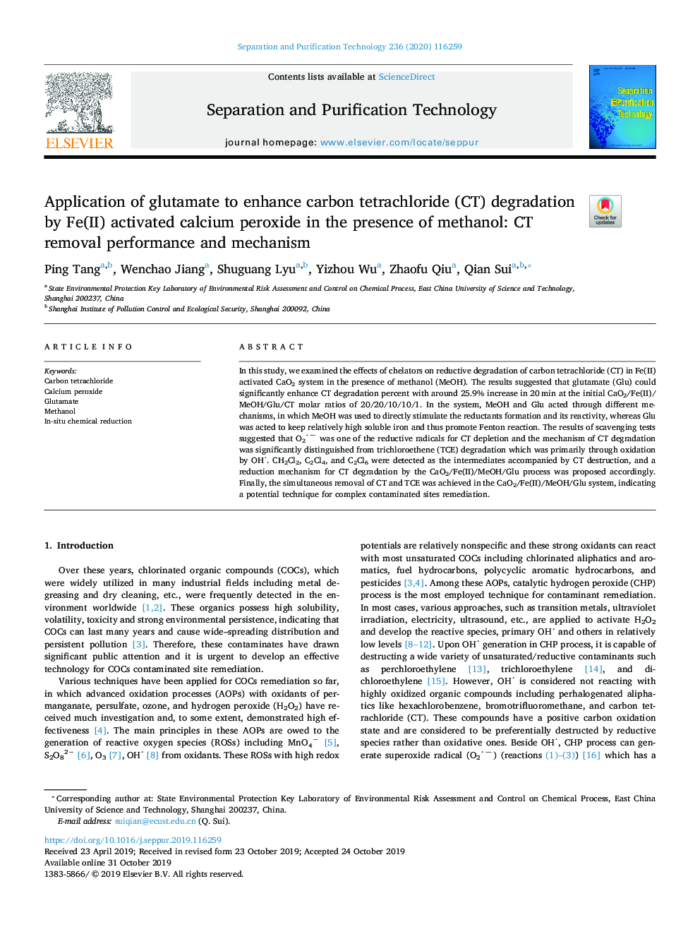 Application of glutamate to enhance carbon tetrachloride (CT) degradation by Fe(II) activated calcium peroxide in the presence of methanol: CT removal performance and mechanism