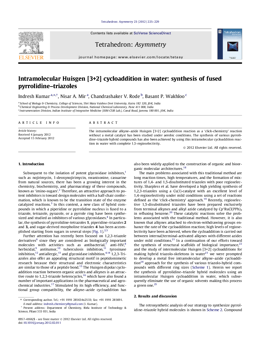 Intramolecular Huisgen [3+2] cycloaddition in water: synthesis of fused pyrrolidine–triazoles