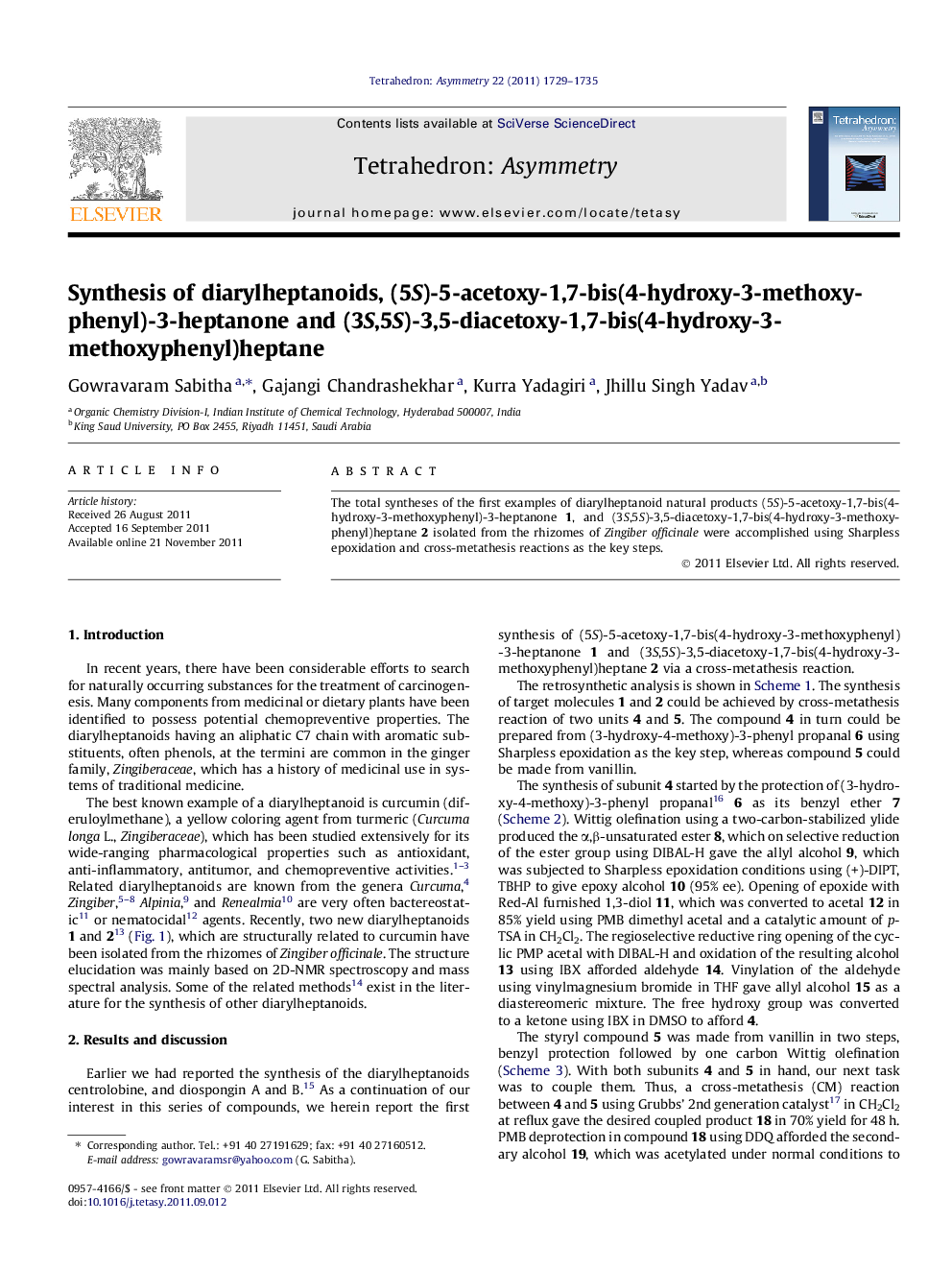 Synthesis of diarylheptanoids, (5S)-5-acetoxy-1,7-bis(4-hydroxy-3-methoxyphenyl)-3-heptanone and (3S,5S)-3,5-diacetoxy-1,7-bis(4-hydroxy-3-methoxyphenyl)heptane