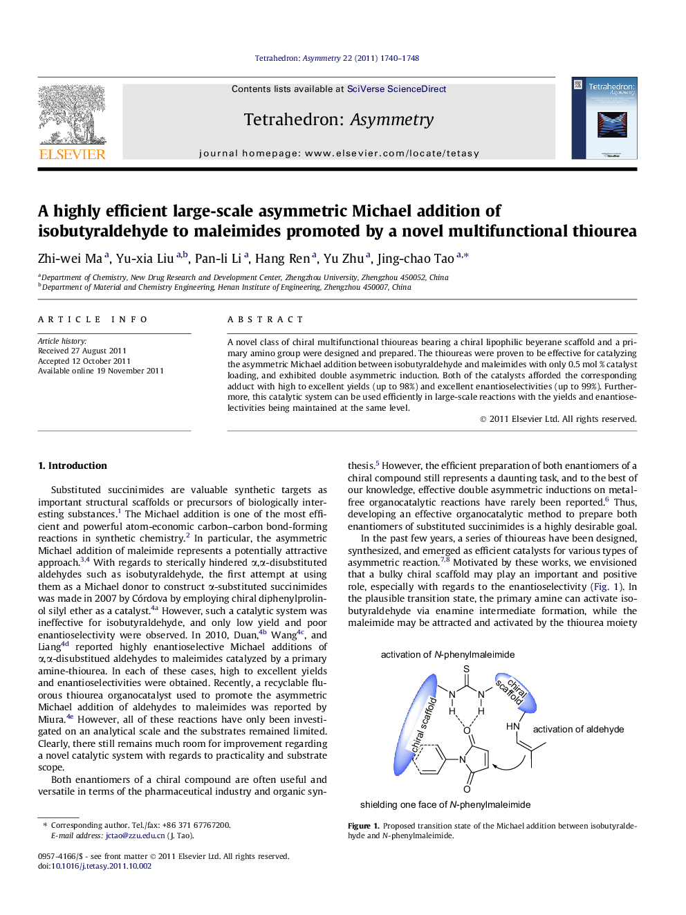 A highly efficient large-scale asymmetric Michael addition of isobutyraldehyde to maleimides promoted by a novel multifunctional thiourea