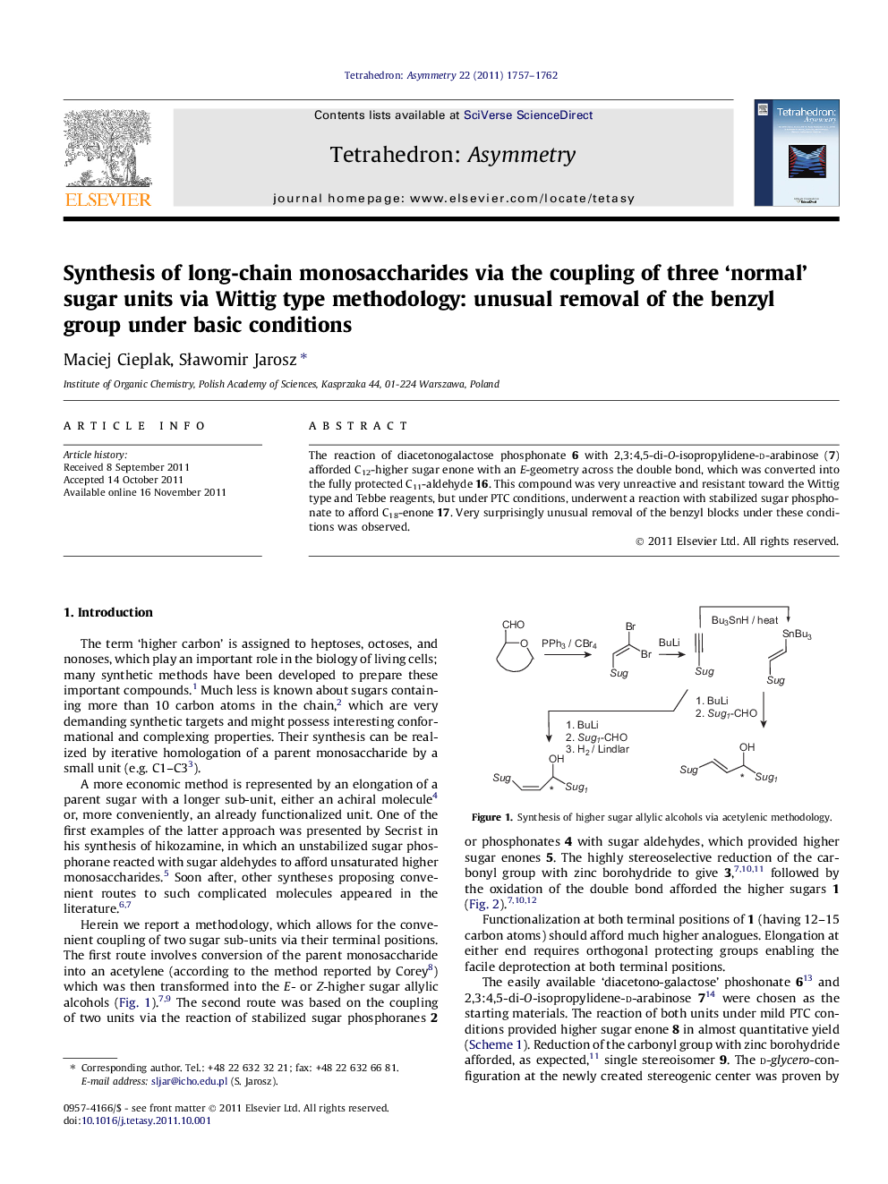Synthesis of long-chain monosaccharides via the coupling of three ‘normal’ sugar units via Wittig type methodology: unusual removal of the benzyl group under basic conditions