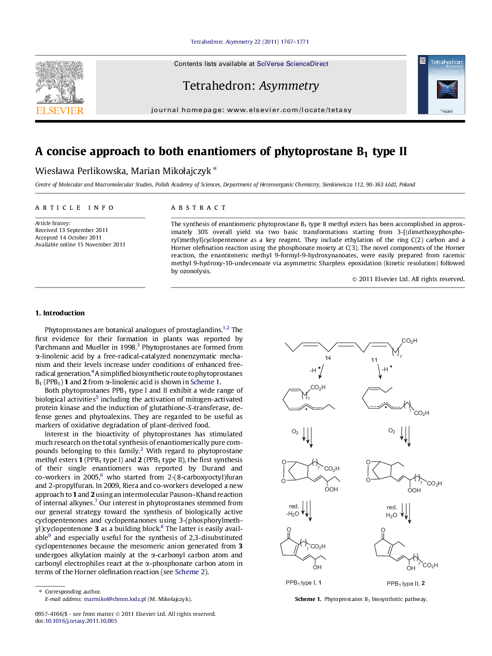 A concise approach to both enantiomers of phytoprostane B1 type II