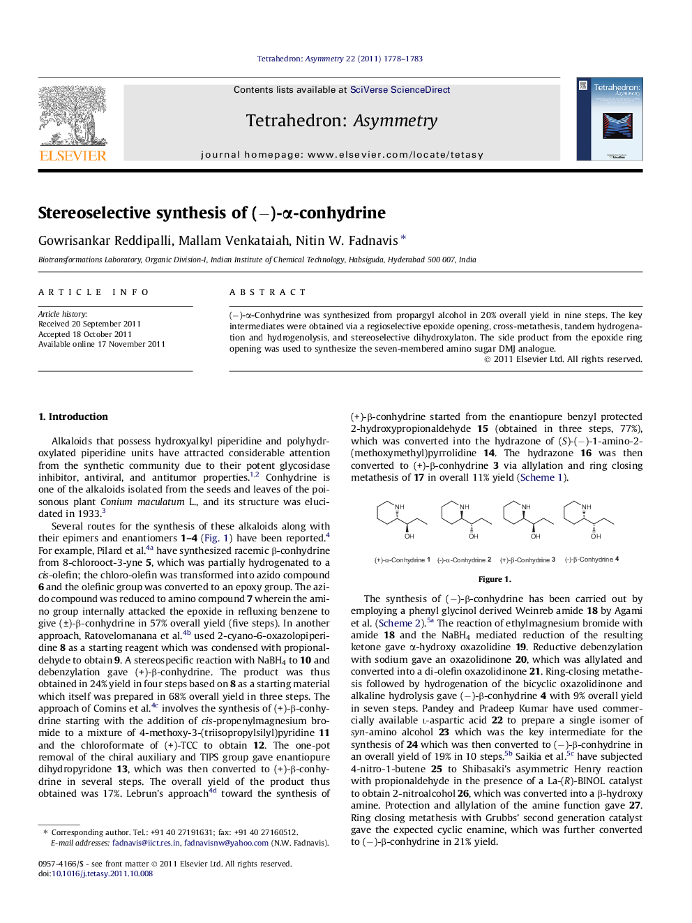 Stereoselective synthesis of (−)-α-conhydrine