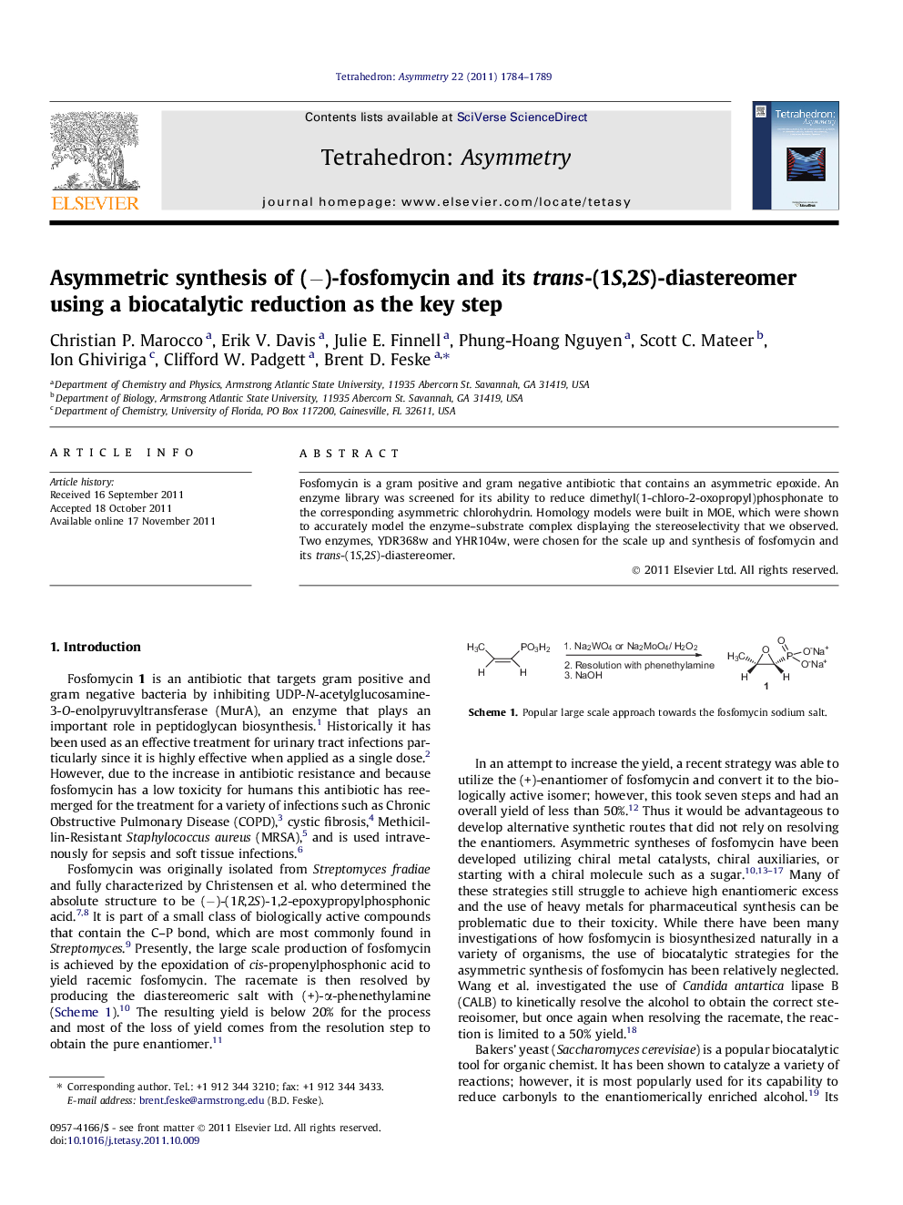 Asymmetric synthesis of (−)-fosfomycin and its trans-(1S,2S)-diastereomer using a biocatalytic reduction as the key step