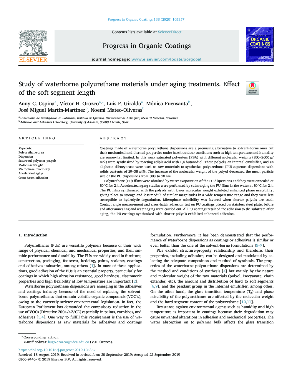 Study of waterborne polyurethane materials under aging treatments. Effect of the soft segment length