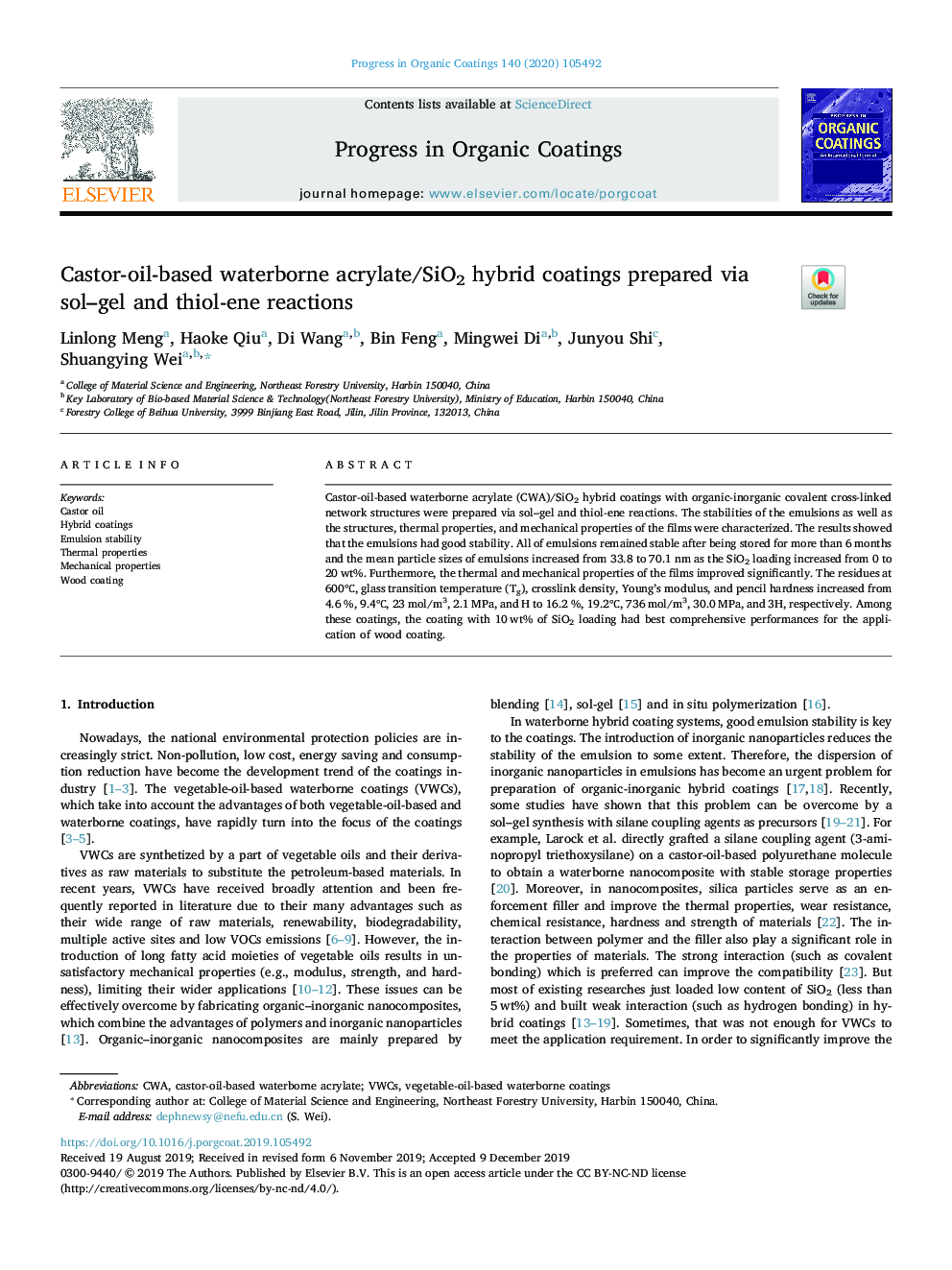 Castor-oil-based waterborne acrylate/SiO2 hybrid coatings prepared via sol-gel and thiol-ene reactions