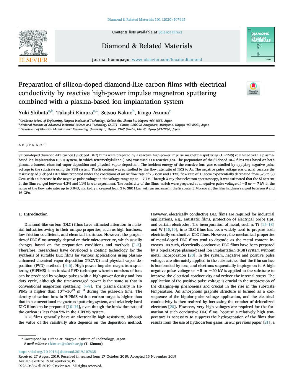 Preparation of silicon-doped diamond-like carbon films with electrical conductivity by reactive high-power impulse magnetron sputtering combined with a plasma-based ion implantation system