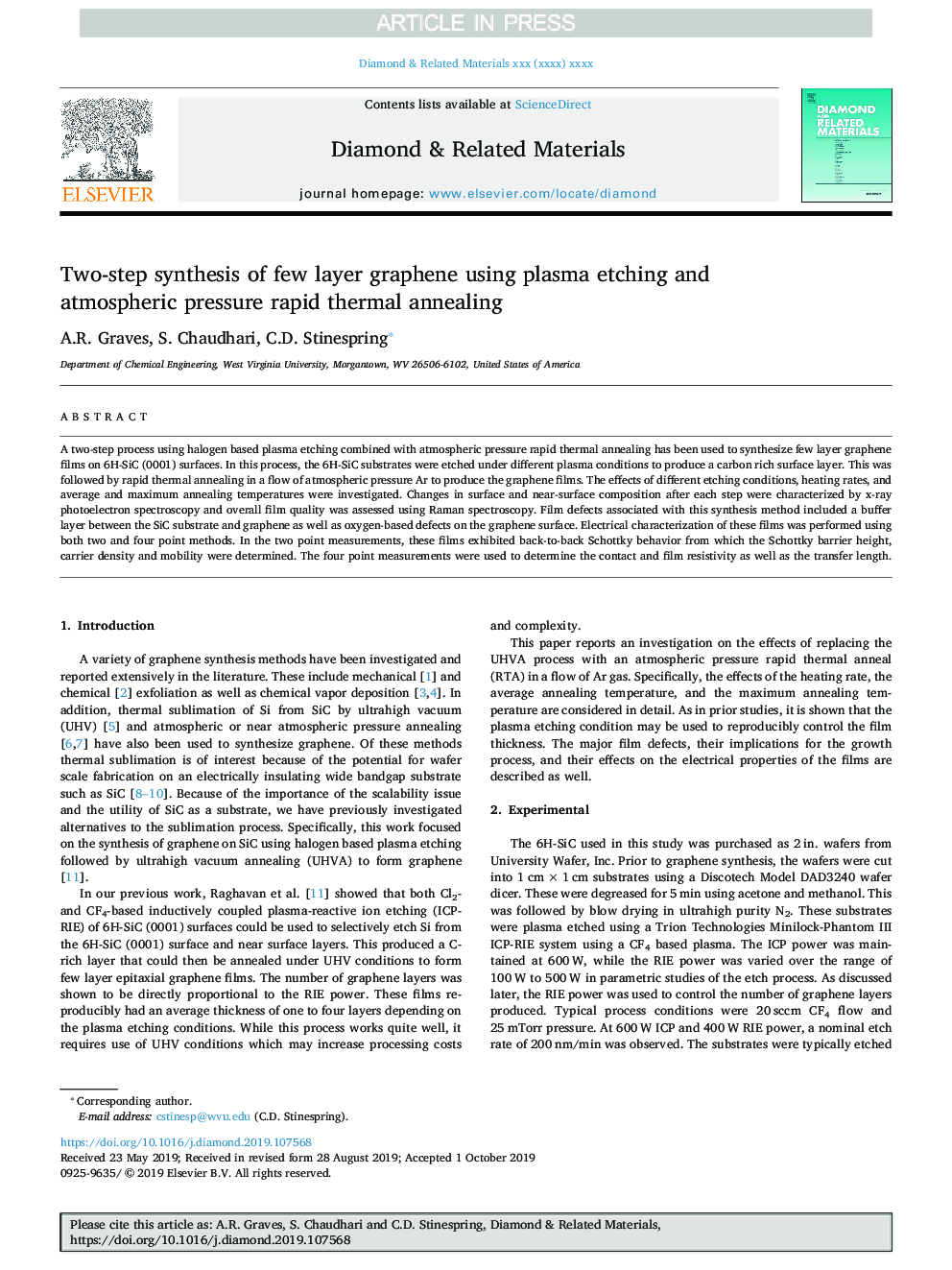 Two-step synthesis of few layer graphene using plasma etching and atmospheric pressure rapid thermal annealing