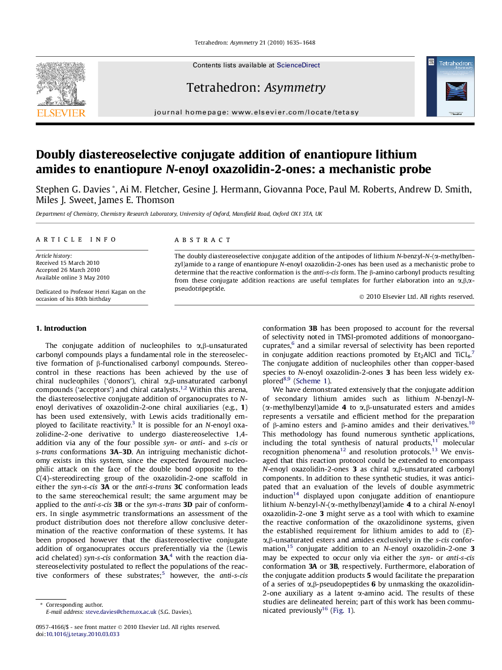 Doubly diastereoselective conjugate addition of enantiopure lithium amides to enantiopure N-enoyl oxazolidin-2-ones: a mechanistic probe