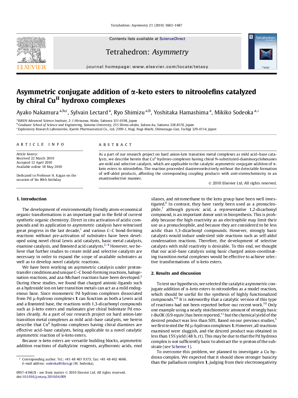 Asymmetric conjugate addition of α-keto esters to nitroolefins catalyzed by chiral CuII hydroxo complexes