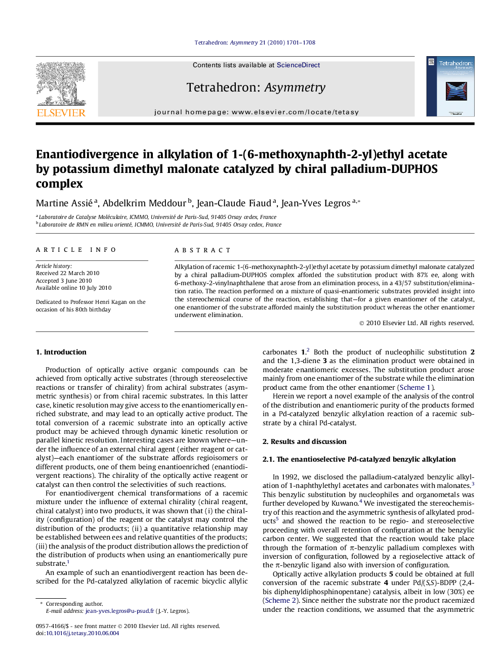 Enantiodivergence in alkylation of 1-(6-methoxynaphth-2-yl)ethyl acetate by potassium dimethyl malonate catalyzed by chiral palladium-DUPHOS complex