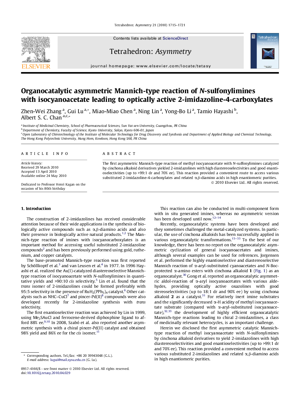 Organocatalytic asymmetric Mannich-type reaction of N-sulfonylimines with isocyanoacetate leading to optically active 2-imidazoline-4-carboxylates