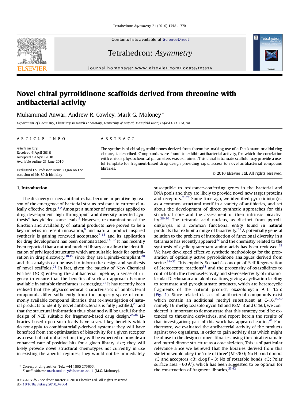 Novel chiral pyrrolidinone scaffolds derived from threonine with antibacterial activity