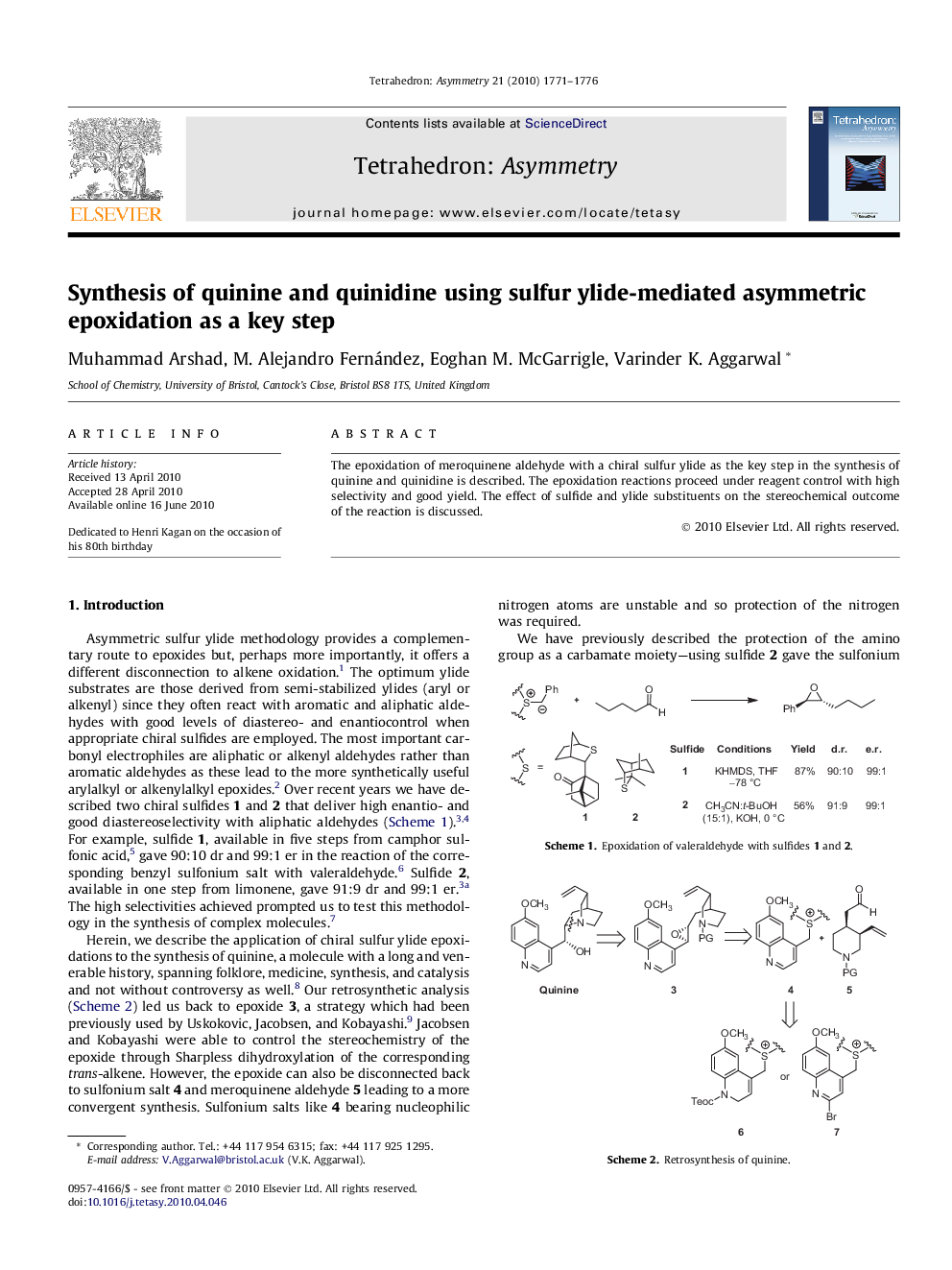 Synthesis of quinine and quinidine using sulfur ylide-mediated asymmetric epoxidation as a key step
