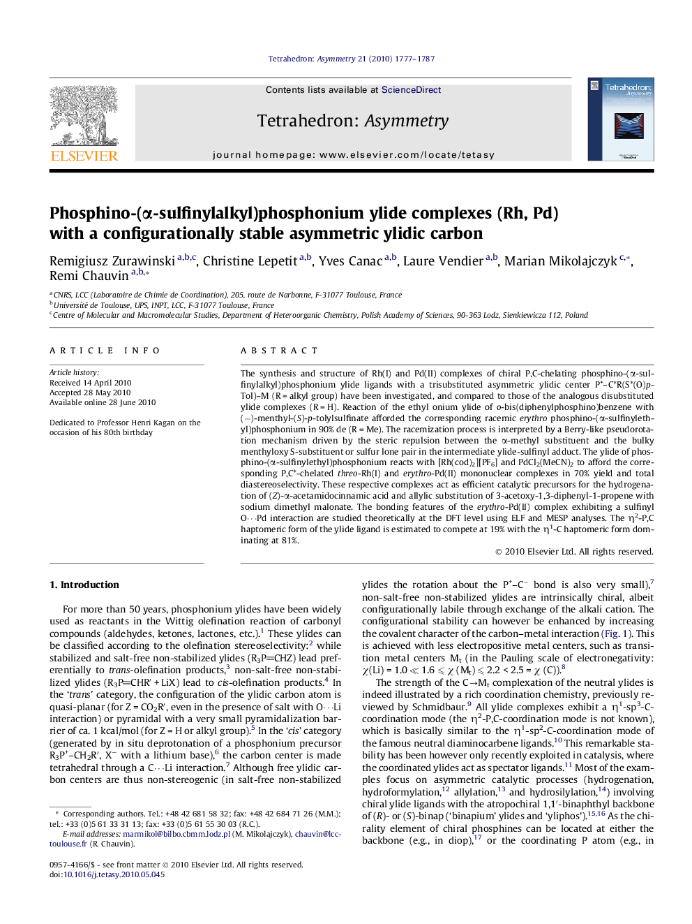 Phosphino-(α-sulfinylalkyl)phosphonium ylide complexes (Rh, Pd) with a configurationally stable asymmetric ylidic carbon
