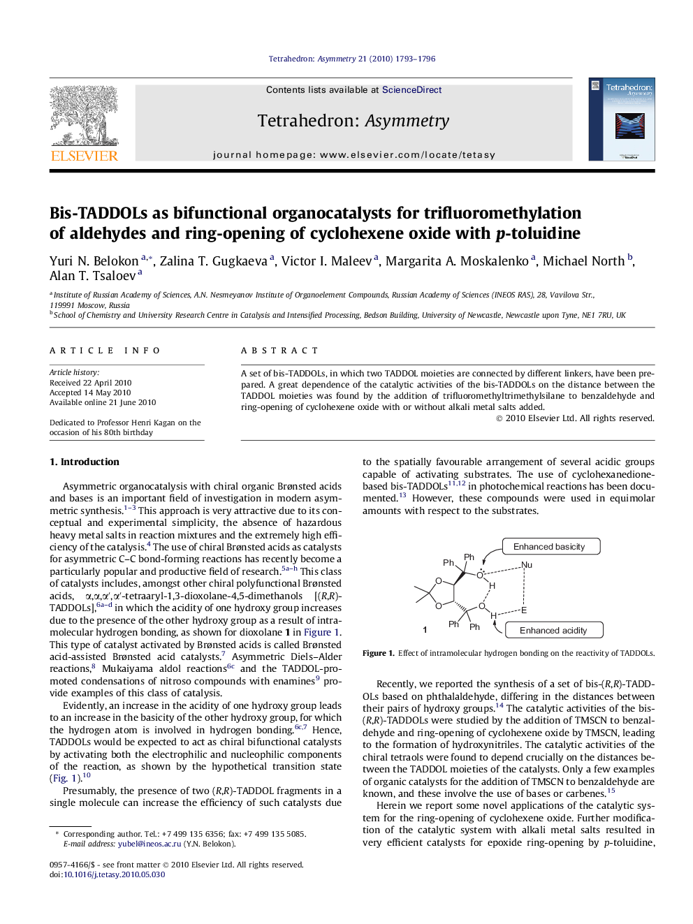 Bis-TADDOLs as bifunctional organocatalysts for trifluoromethylation of aldehydes and ring-opening of cyclohexene oxide with p-toluidine