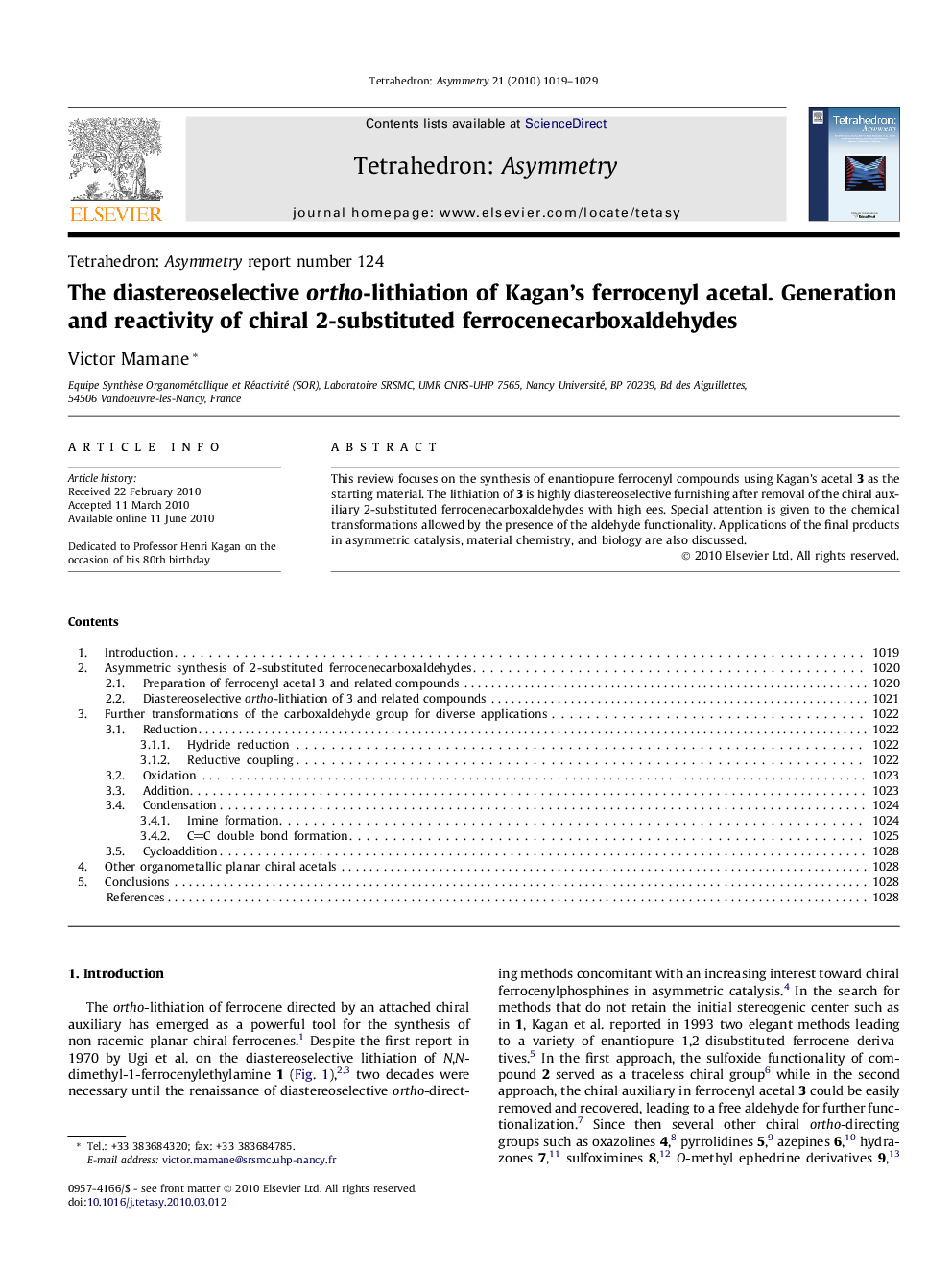 The diastereoselective ortho-lithiation of Kagan’s ferrocenyl acetal. Generation and reactivity of chiral 2-substituted ferrocenecarboxaldehydes