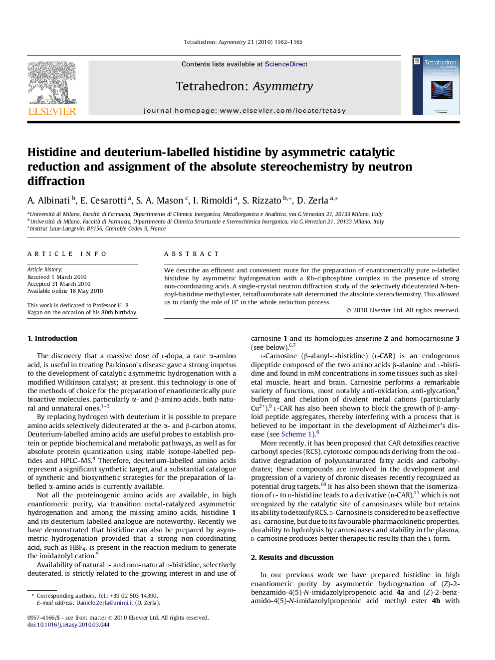 Histidine and deuterium-labelled histidine by asymmetric catalytic reduction and assignment of the absolute stereochemistry by neutron diffraction