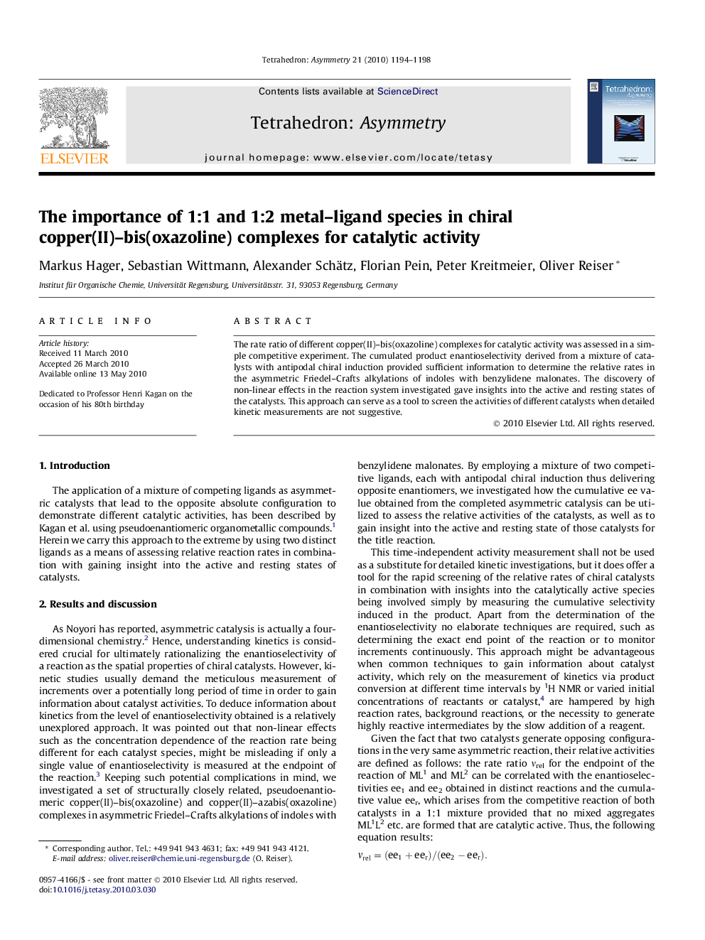 The importance of 1:1 and 1:2 metal–ligand species in chiral copper(II)–bis(oxazoline) complexes for catalytic activity